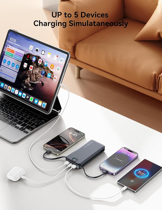 10000mAh Ultra-Portable-Charger-Power-Bank with Built in Cables&AC Wall Plug, PD20W USB-C Fast Charging Cell Phone Charger Battery Pack,LED Display Travel Battery Bank for All iPhone,Samsung,Android - Image 4
