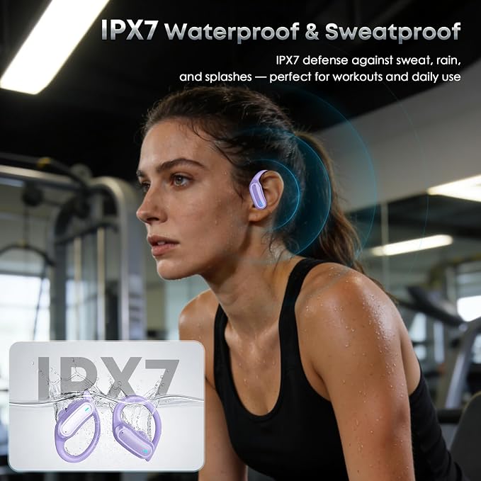 TRAUSI Wireless Earbuds Bluetooth Headphones, 54H Playtime Stereo Over Ear Buds with ENC Noise Cancelling, LED Power Display, IPX7 Waterproof Sport Earphones with Earhooks for Running/Workouts Purple - Image 7