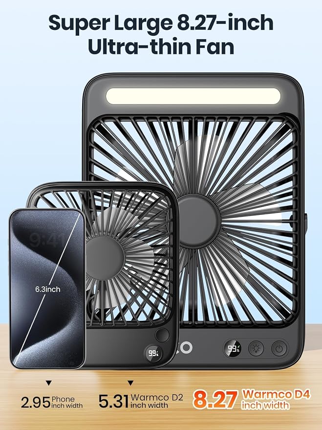 Warmco 20000mAh Battery Powered Fan, Ultra-Slim 8-Inch Portable Camping Fan with LED Lantern, Up to 48H Runtime Rechargeable Desk Fan for Bedroom, Outdoor, Tent, Travel, Cruise Ship Essentials - Image 7