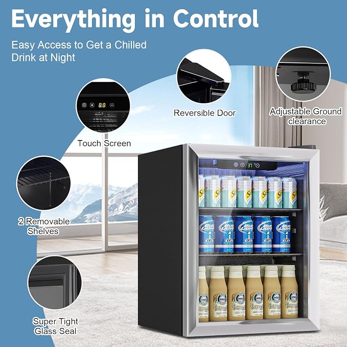 Stopasd Beverage Refrigerator Cooler, 1.7 Cu.Ft/76 Can Drink Fridge with Adjustable Shelves & Glass Door for Soda Wine Beer, Quiet Undercounter Small Fridge for Home/Office/Bar/Garage(37°-61℉), Black - Image 2