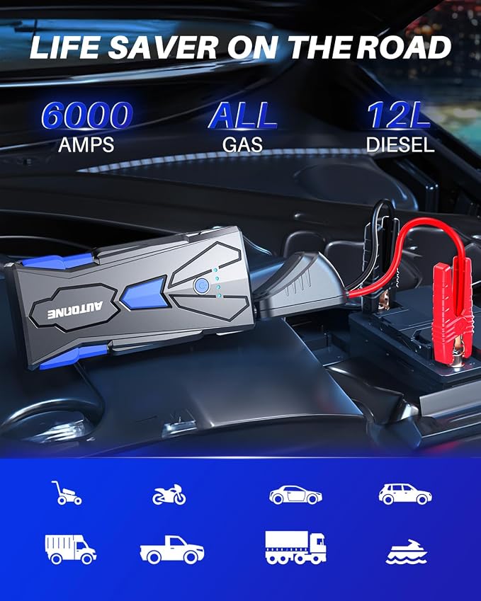 AUTOONE 6000A Car Battery Jump Starter Up to All Gas & 12L Diesel Engine, Car Battery Jumper Starter Portable 12V Jump Box with USB Output, Storage Case, LED Flashlight - Image 2