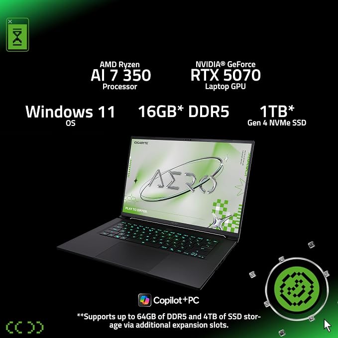 GIGABYTE AERO X16; Copilot+ PC - 165Hz 2560x1600 WQXGA - NVIDIA GeForce RTX 5070 - AMD Ryzen AI 7 350-1TB SSD with 16GB DDR5 RAM - Windows 11 Home - Lunar White - Image 2