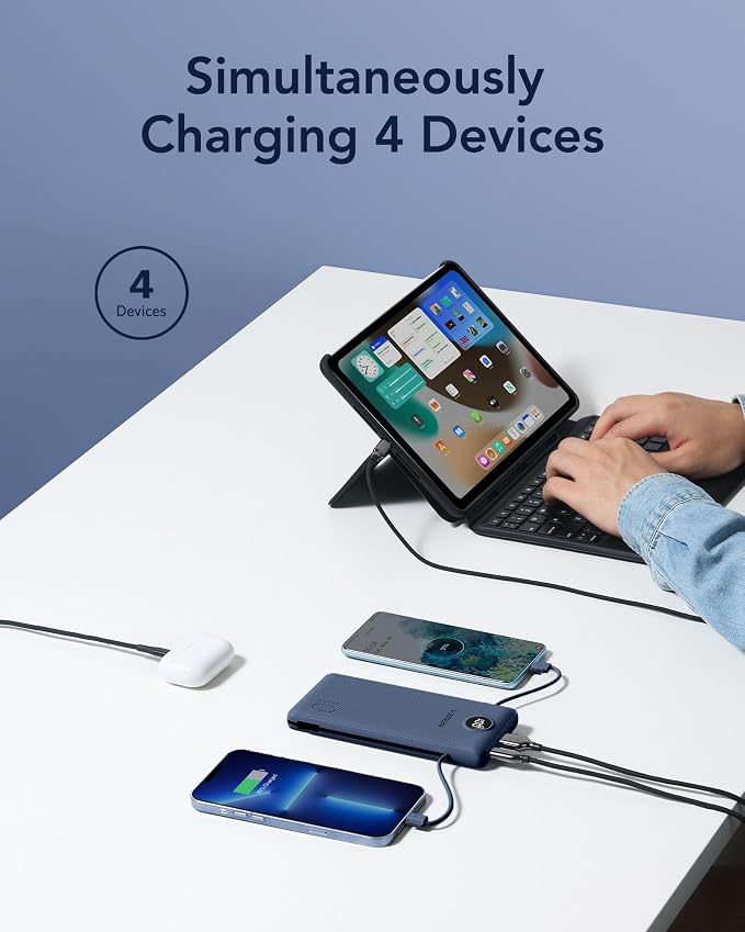 VEGER Portable Charger with Built-in AC Plug and Cables, All in One 10000mAh Ultra Slim Power Bank Travel Essentials, Fast Charging Battery Pack Compatible with iPhone, Samsung, Android (Navy) - Image 4