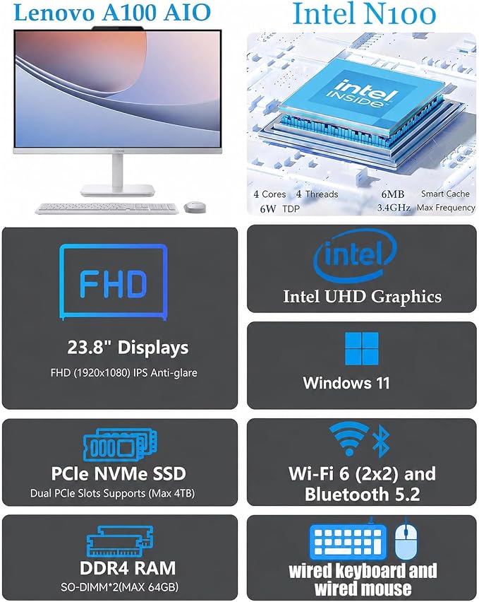 Lenovo 24" FHD All-in-One Desktop Computer, Intel 4-Core Processor (Beats i3-1110G4), 8GB RAM, 512GB PCIe SSD, HDMI, WiFi 6, RJ45, Bluetooth, Business AIO, Vent-Hear, Keyboard & Mouse, Windows 11 Pro - Image 2