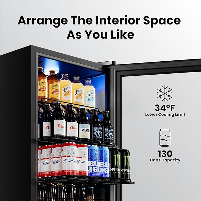 Yeego Beverage Refrigerator Drink Cooler, 130 Cans Mini Fridge | Double-pane Glass Door Cooler, 34°F-54°F Temperature Control, for Soda Wine Beer Home Office Bar, Adjustable Shelves, Black - Image 4