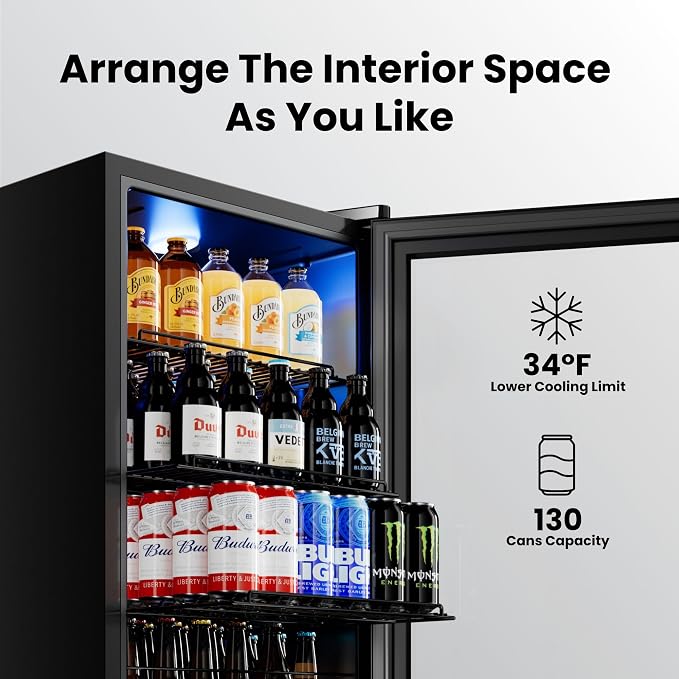 Yeego Beverage Refrigerator, 130 Can Mini Fridge with Glass Door, Adjustable Shelves, Digital Temperature Control 34°F-54°F, Drink Cooler for Soda, Beer and Wine, Freestanding or Under Counter, Black - Image 2