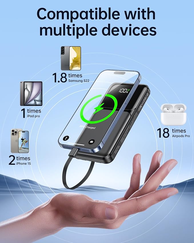 RONEGN Portable Charger with Built in Cable - Power Bank Fast Charging USB C LED Display 10000mah Battery Pack 5 Outputs & 3 Inputs for Travel Essentials iPhone Samsung Android Phones Tablets Black - Image 3