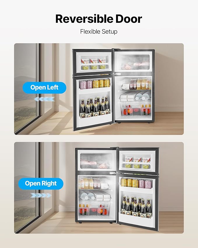 VEVOR Mini Fridge with Freezer, 3.2 Cu.Ft, Dual Zone Compact Refrigerator, 3 Modes Adjustable Temp, Energy Efficient Small Fridge, Reversible Door, Low Noise, for Bedroom, Dorm, Brushed Stainless - Image 6