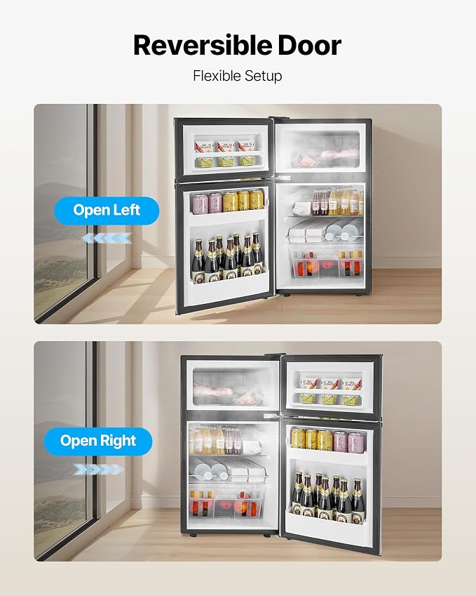 VEVOR 3.2 Cu.Ft Mini Fridge with Freezer, Dual Zone Compact Refrigerator, 3-Mode Adjustable Temperature, Energy Efficient Small Fridge, Reversible Door, Low Noise, for Bedroom, Dorm, Office, Black - Image 6