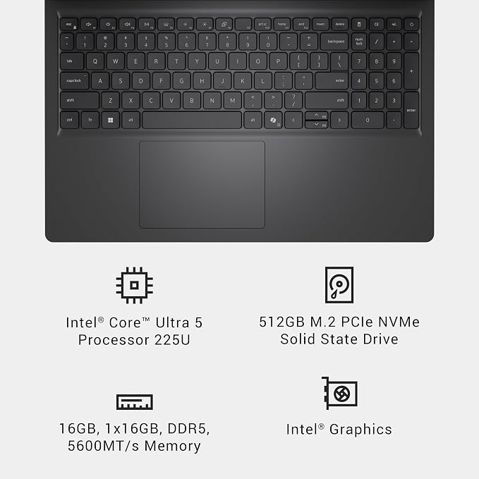 Dell 15.6 Laptop, FHD, Intel Core Ultra 5 225U, 16GB RAM, Windows 11 Home | Anti-Glare 300 Nits WVA, Intel Graphics, DDR5, 512GB SSD, Backlit Keyboard, Wi-Fi 6, Carbon Black, Business Ready, D15260 - Image 16