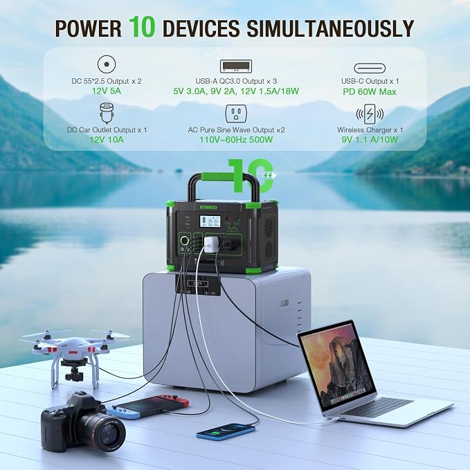 Portable Power Station 500W (Peak 1000W), 519Wh Solar Generator with 2x110V AC Outlets & USB-C PD 60W, 10-Port Power Bank with Wireless Charger for Outdoor Camping, RV Trips, and Home Emergency Backup - Image 3
