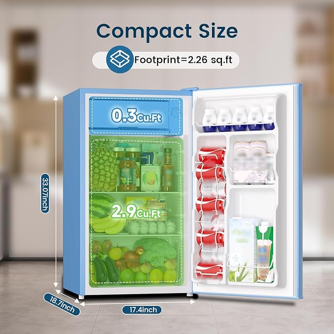Mini Fridge with Freezer 3.2 Cu.Ft for Bedroom and Office Blue | Single Door, Small Refrigerator, Energy-efficient, Low Noise, Mini fridge for Dorm - Image 2