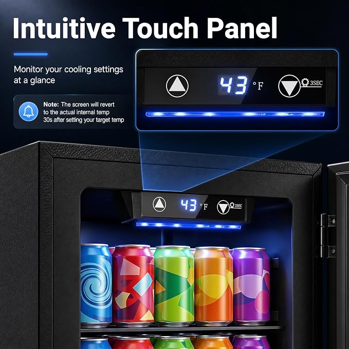 COSTWAY 24 Cans Beverage Refrigerator, 18L/0.6 Cu.Ft Countertop Mini Fridge | Quiet Drink Cooler with Touch Panel, 40-61℉ Thermostat, Tri-Layer Insulated Door and Blue LED Lights for Home Office & Bar - Image 4