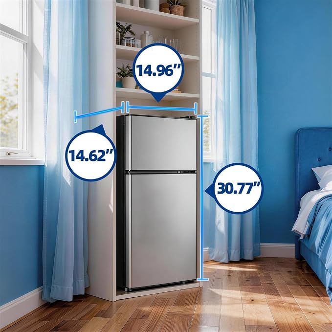 Mini Fridge with Separate Freezer Compartment Double Door Small Refrigerator with 7 Adjustable Temp Control Ideal for One Person Use & Dorm Apartment Office Silver - Image 6
