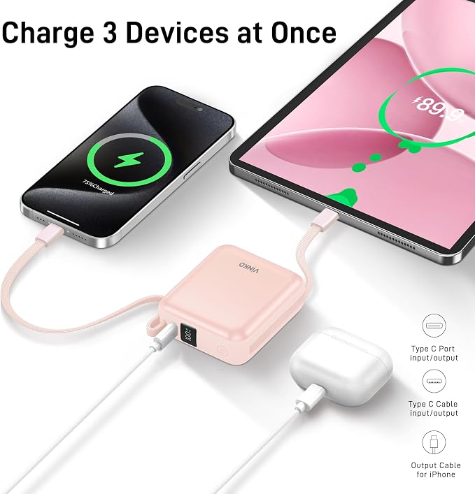 VINKO 10000mAh Power Bank Built-in Cables, Fast Charging with LED Display, Small Travel Battery Pack with Cords, Airplane Travel Essentials,Portable Phone Charger for iPhone 17 Smart Devcies(Pink) - Image 5