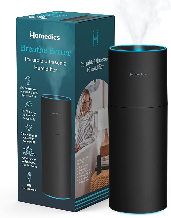Homedics Portable Humidifier - Small Air Humidifiers for Bedroom, Plants, Office, Travel - Cool Mist Humidifiers, Color-Changing Accent Light, 2 Mist Settings, Black by Homedics