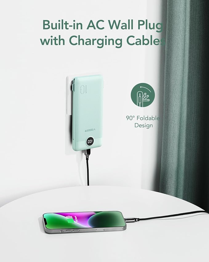VEGER Portable Charger with Built-in AC Plug and Cables, All in One 10000mAh Ultra Slim Power Bank Travel Essentials, Fast Charging Battery Pack Compatible with iPhone, Samsung, Android (Green) - Image 3