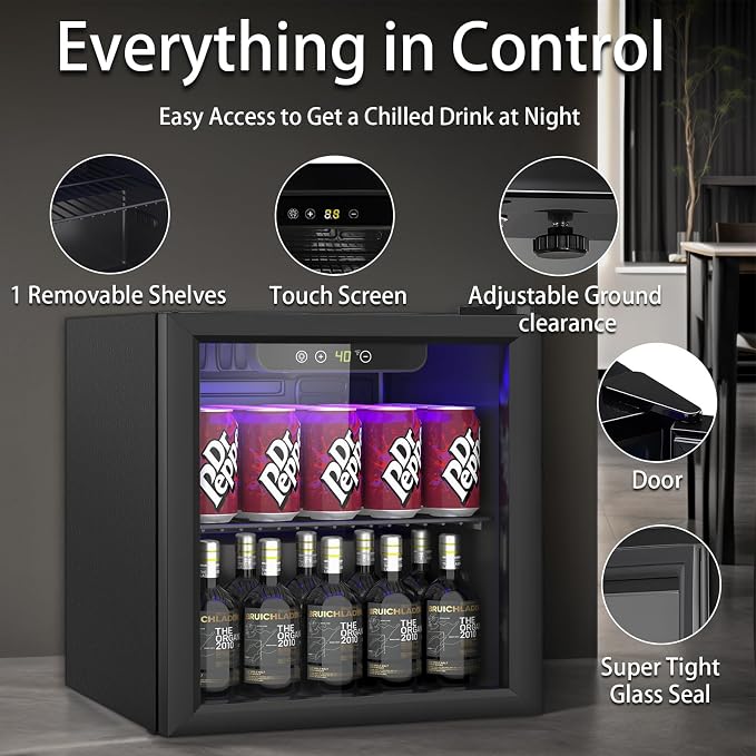 Compact 60 Can/1.3 Cu.Ft Mini Fridge with Reversible Glass Door | for Soda, Beer, Wine, Portable Small Beverage Refrigerator With Digital Display&Removable Shelves, for Office, Dorm, Bar - Image 4