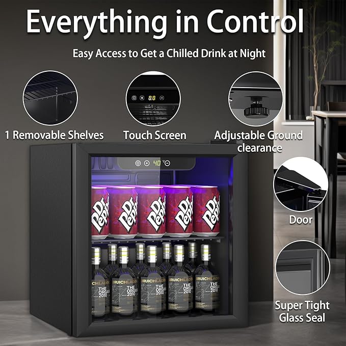 DOGHLY 1.3 Cu.ft Mini Fridge Glass Door, 60 Cans Beverage Refrigerator | Drink Fridge for Soda Beer Wine, Manual Temperature Control, Removable Shelf, Quiet Beverage Cooler for Office, Dorm, Bar - Image 2