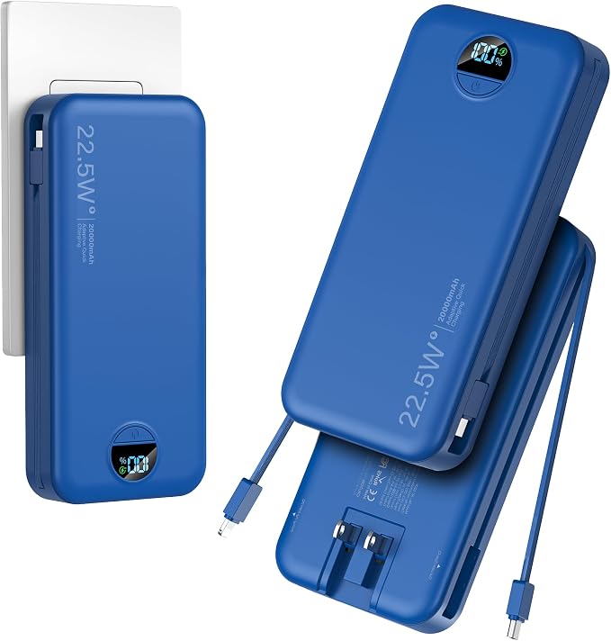 20000mAh Ultra-Portable-Charger-Power-Bank with Built in Cables&AC Wall Plug,PD20W USB-C Fast Charging Cell Phone Charger Battery Pack,LED Display Travel Battery Bank for All iPhone,Samsung,Android by AONIDI