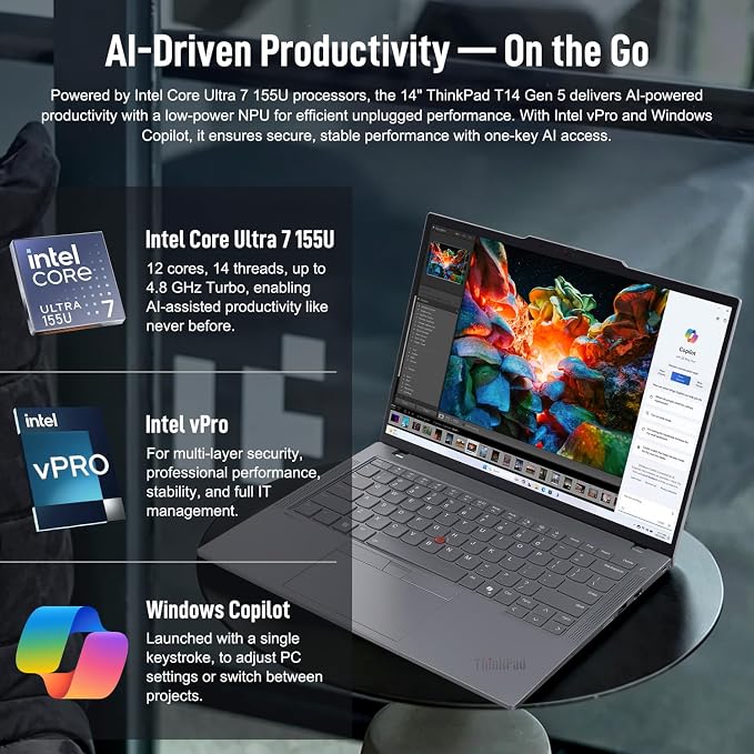Lenovo ThinkPad T14 Business AI Laptop, 14" FHD+ IPS, Intel Core Ultra 7 155U, 16GB DDR5, 512GB SSD, 5MP Webcam, Fingerprint, Backlit, Wi-Fi 6E, Thunderbolt 4, Windows 11 Pro, 7-in-1 USB-C Hub Bundle - Image 3