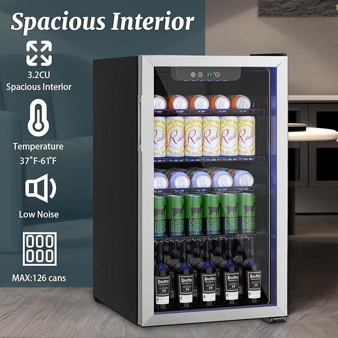 126 Can Mini Fridge, 3.2 Cu.Ft Beverage Refrigerator Glass Door | Stainless Steel Compact Drink Cooler with Reversible Door for Soda Wine Beer, Small Fridge for Home Office Bar (40-61 ℉) - Image 5