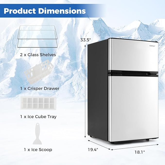 COSTWAY 3.2 Cu.Ft. Mini Fridge with Freezer, 2 Door for Office Bedroom Dorm | Compact Small Refrigerator with Reversible 2 Door, Adjustable Thermostat, Removable Glass Shelves for Food & Drink, Silver - Image 3