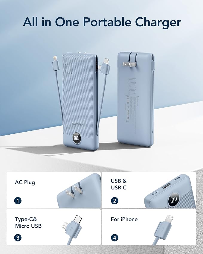 VEGER Portable Charger with Built-in AC Plug and Cables, All in One 10000mAh Ultra Slim Power Bank Travel Essentials, Fast Charging Battery Pack Compatible with iPhone, Samsung, Android (Blue) - Image 2