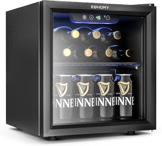 EUHOMY 12 Bottle 48 Can Mini Fridge Cooler, 1.3 Cu.Ft Beverage Refrigerator Glass Door for Beer Soda Wines,Small Refrigerator with Adjustable Shelves and LED Light for Office, Home, Dorm, Bar by EUHOMY