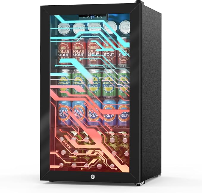 Velivi Gaming Light Up Glass Door Beverage Refrigertor, 3.2 Cu Ft Gaming Mini Fridge with Led RGB Lights Lockable Mini Fridge For Soda Beer, Drink Cooler Cyberpunk Gaming Rooms Bar Home Party | 3.2 Cu Ft Mini Fridge with Led RGB Lights for Soda Beer, D... by Velivi
