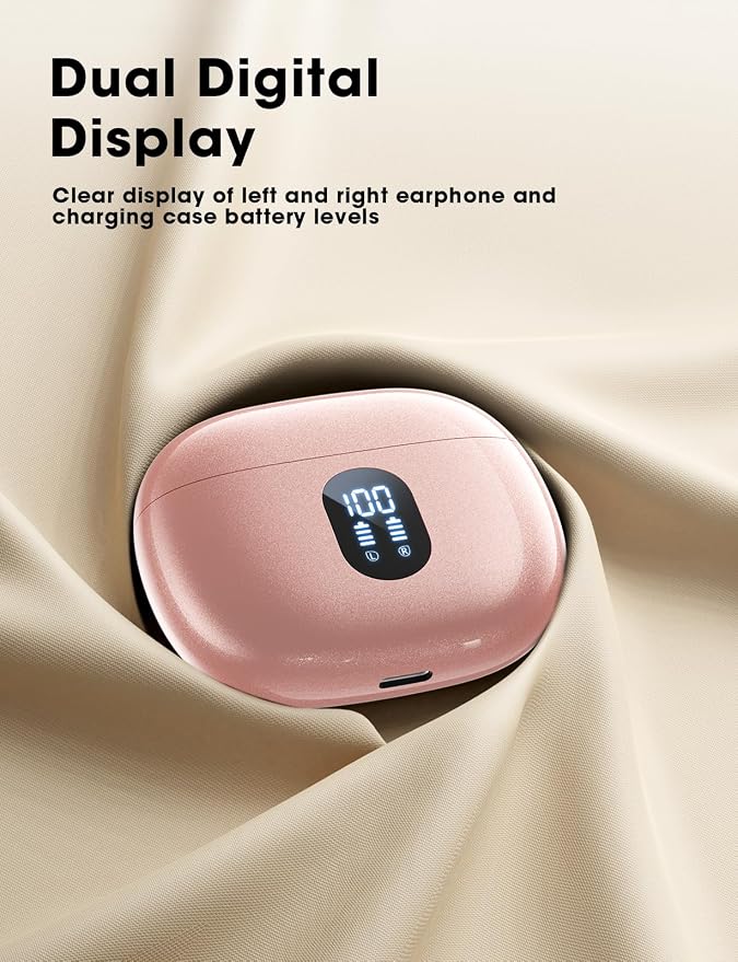 Wireless Earbuds, Hi-Fi Deep Bass Ear Buds, 48H Playtime In-Ear Headphones | 2 Mics for Clear Calls, LED Display, IPX7 Waterproof, Touch Control, Lightweight Bluetooth Earphones for iPhone/TV,RoseGold - Image 6