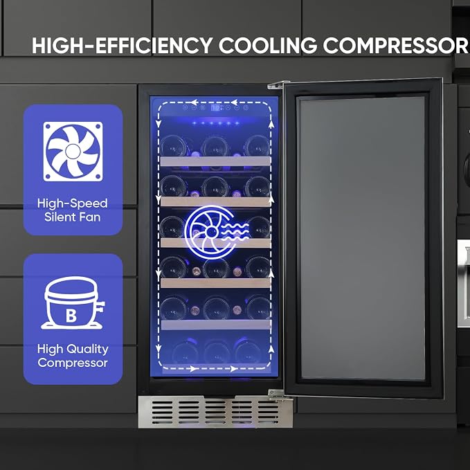 15 Inch Wine Cooler Under Counter, 30 Bottle Wine Fridge with Stainless Steel Glass Door, Built-In or Freestanding Wine Cellar with Removable Shelves and Digital Temperature Control - Image 5