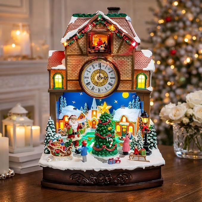MOMENTS IN TIME Christmas Village Cuckoo Clock Animated Santa & Tree Scene - Image 2