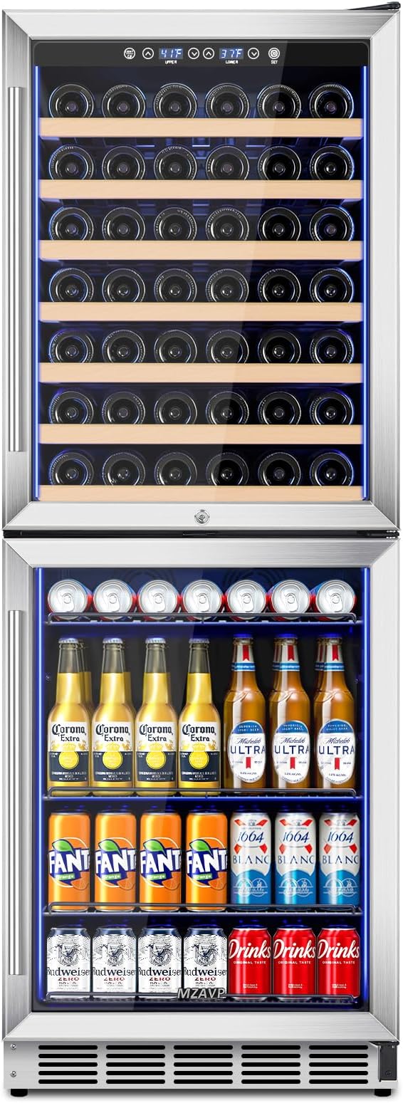 24 Inch Wide Wine and Beverage Cooler, 2 IN 1 Beverage Refrigerator with Glass Door, Dual Zone Wine Fridge Built-In/Freestanding, Beverage Wine Fridge for Home/Bar, 77 Bottle & 180 Can, Silver by MZAVP