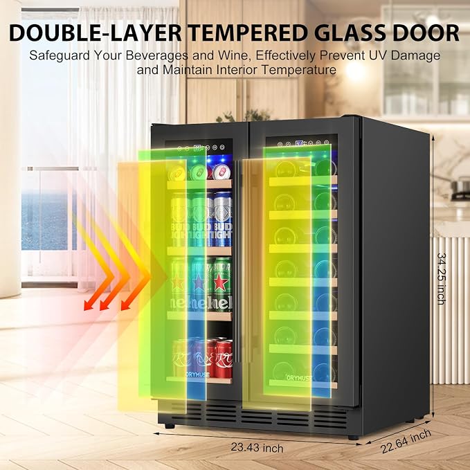 24" Dual Zone Wine & Beverage Refrigerator – Under Counter Cooler with Upgraded Cooling & Blue LED Light, Hold 20 Bottles and 88 Cans Large Capacity Wine Fridge, Built-In or Freestanding – Black - Image 6