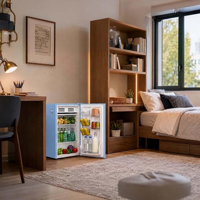 Frigidaire Retro Compact Fridge with Chiller, 3.2 cu ft Countertop Fridge with Built-In Bottle Opener, Compact Refrigerator for Office, Bedroom, Dorm Room or Cabin - 16.5" D x 19" W x 31" H (Blue) - Image 13