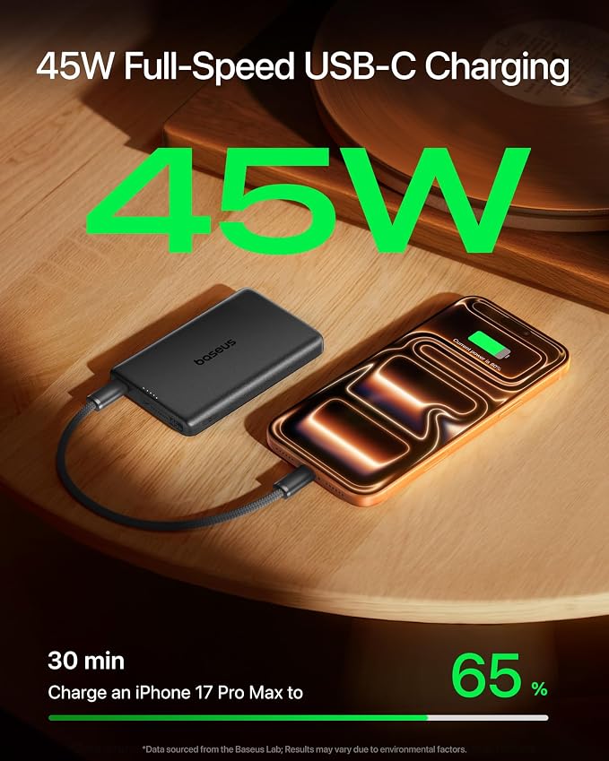Baseus Picogo AM52 MagSafe Power Bank, Qi2.2 25W 10,000mAh Magnetic Portable Charger, 0.6" Slim 45W USB-C Fast Charging Alloy Wireless Battery Pack, Travel Essential for iPhone 17/16/15/14/13/12 Only - Image 4