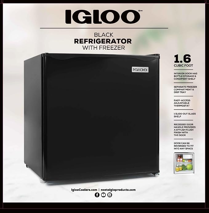 Igloo 1.6 Cu.Ft Mini Fridge with Freezer- Single Door Compact Refrigerator with Glass Shelves for Homes, Dorms & Offices- Keep Snacks, Drinks & Frozen Foods Cool with Temperature Control Fridge- Black - Image 2