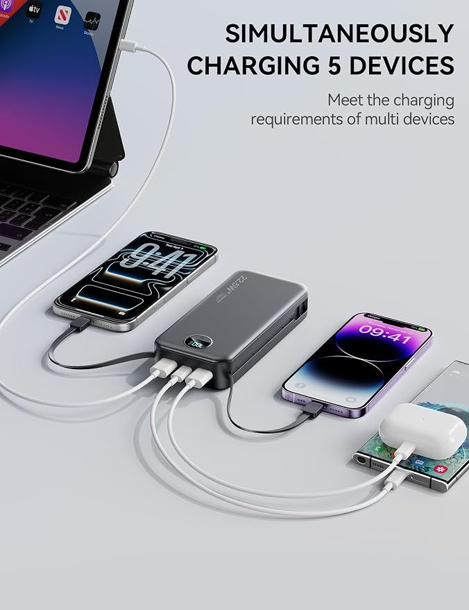 Portable Charger, 20000mAh 22.5W Fast Charging Power Bank with Built-in Cables & Wall Plug, USB C External Battery Pack with LED Display, Travel Essentials Phone Charger for iPhone iPad Samsung Black - Image 6