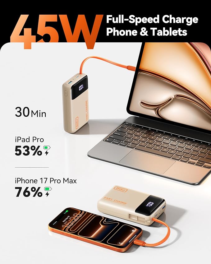 INIU 20000mAh Power Bank, Small Portable Charger, 45W PD Fast Charging Battery Pack with Build in USB-C Cable, Travel Phone Charger for iPhone 17 16 15 14 Air Samsung S25 S24 Google iPad Xiaomi, Beige - Image 2