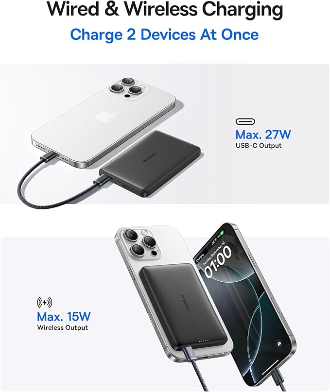 Baseus Picogo Magsafe Portable Charger, Qi2 15W 0.5" Ultra Slim 10000mAh Wireless Power Bank, 27W Fast Charging Magnetic Battery Pack with USB-C for iPhone 17 Pro Max/17 Pro/Air/16/15/14/13/12 - Image 5