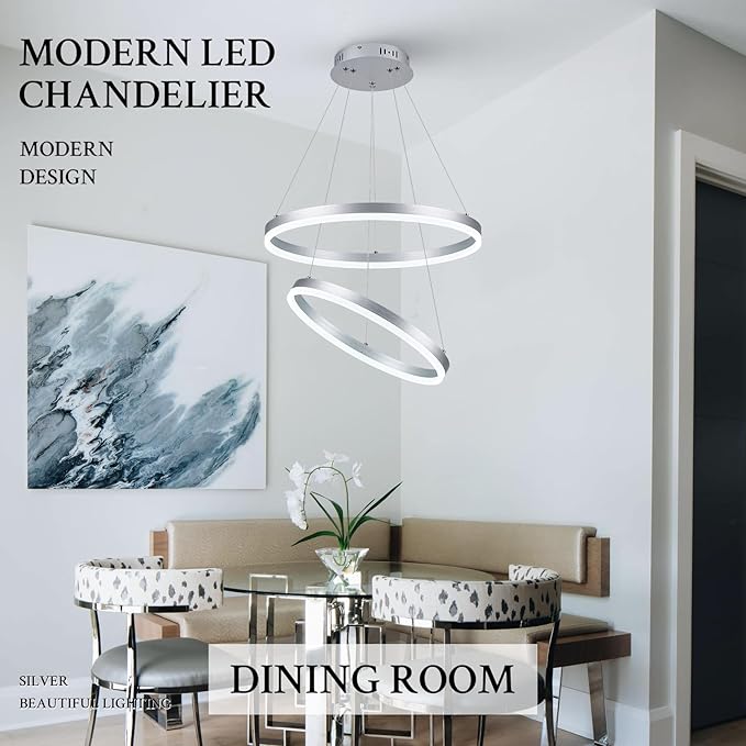 Modern LED Chandelier Silver 2-Rings Pendant Light Circular Flush Mount Ceiling - Image 5