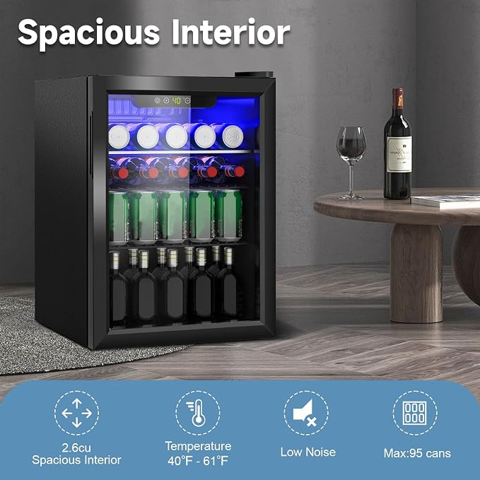 Erivess Mini Fridge 95 Can Beverage Refrigerator Cooler Glass Door for Soda | 2.6 Cu Ft Drink Fridge for Home/Bar/Office with LED Display, Digital Temperature Control, Removable Shelves for Wine, Black - Image 5
