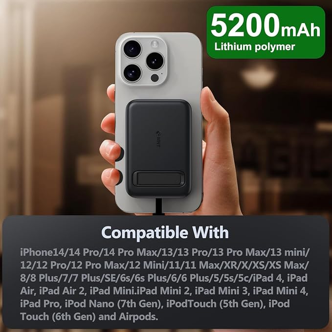 iOS Mini Portable Charger, 5200 mAh Charger Power Bank Slim Small Chargers with Built-in Cable, Travel Battery Pack for iPhone 14/13/12/11 Pro/Pro Max/Plus/Mini/AirPods - Image 4
