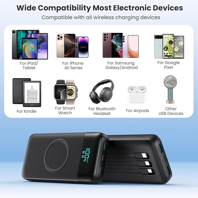 Wireless Portable Charger 40800mAh with 3 Built-in Cables,7-in-1 15W Wireless Charging Power Bank,25W PD QC 4.0 Fast Charging USB C Travel Essentials Battery Pack for iPhone 17/16/15/14,Galaxy,Android - Image 7