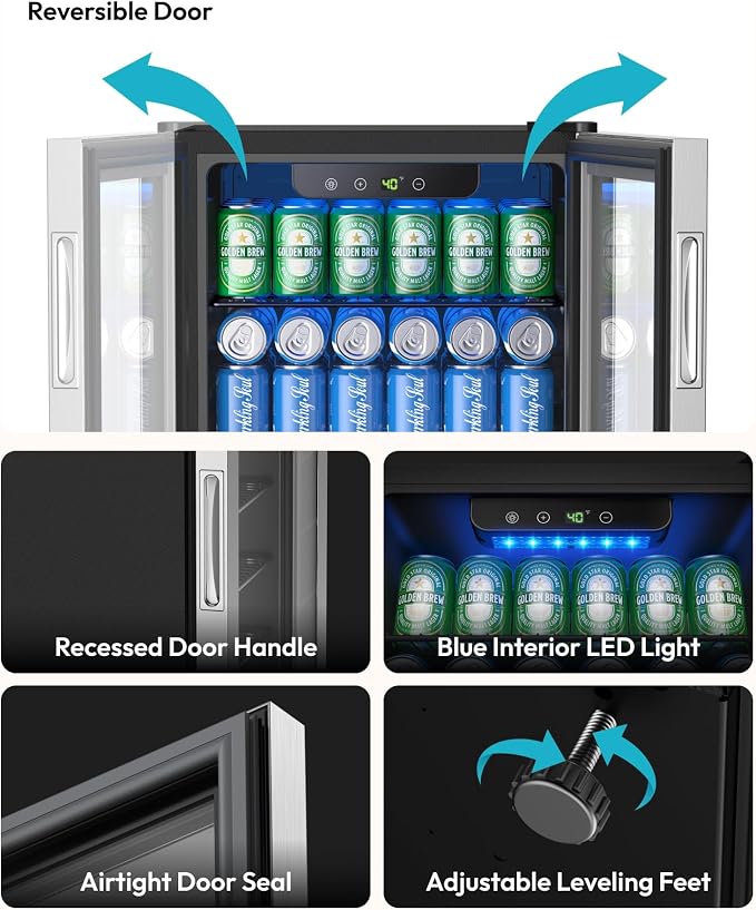 EUHOMY Mini Fridge 130 Can Beverage Refrigerator Cooler Glass Door for Soda Wine Beer, Beverage Cooler for Home, Bar, Office with Digital Temperature Control Removable Shelves, 3.2 Cu.Ft, Silver - Image 8