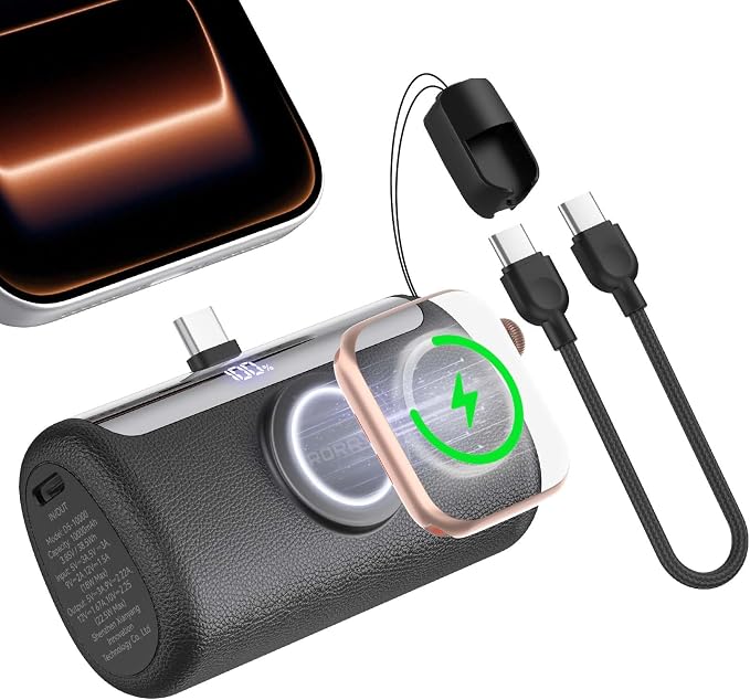 RORRY PalmGo Portable Charger, 10000mAh PD 22.5W Fast Charging Mini Power Bank with Built-in USB C Connector, 3-in-1 Battery Pack for iPhone 17/16/15 Pro/Max, Apple Watch Ultra/11/10/SE, iPad, Black by RORRY