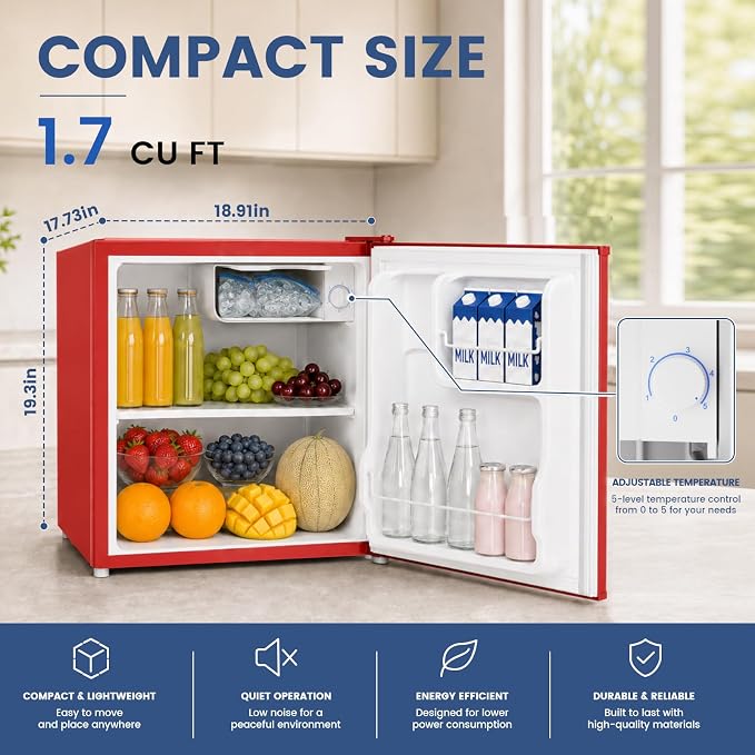 1.7 Cu.Ft Mini Fridge with Freezer for Dorm Office, Red | Compact Refrigerator Office, Energy Saving Small Fridge Reversible Single Door, Low Noise for Bedroom Small Apartment - Image 2