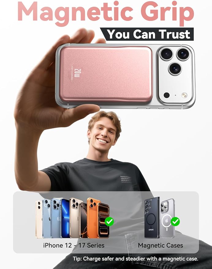 Aobbow Magnetic Portable Charger, 10000mAh for Magsafe Battery Pack, 20W Fast Charging Power Bank, Travel Essential of Wireless Charger Compatible with iPhone 17/16/15/14/13 Pro/Max/Air/Plus-Rosegold - Image 2