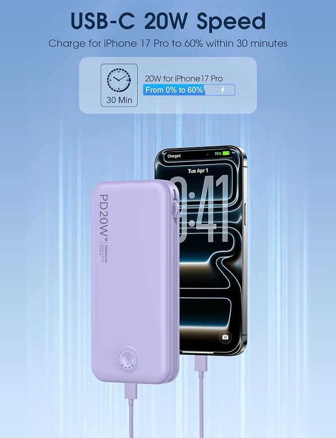 Nusyddy Portable Charger, 10000mAh PD20W Fast Charging Power Bank with Built-in Cables & Wall Plug, Travel Essential External Battery Pack, USB C Battery Phone Charger for iPhone, iPad, Samsung Purple - Image 4